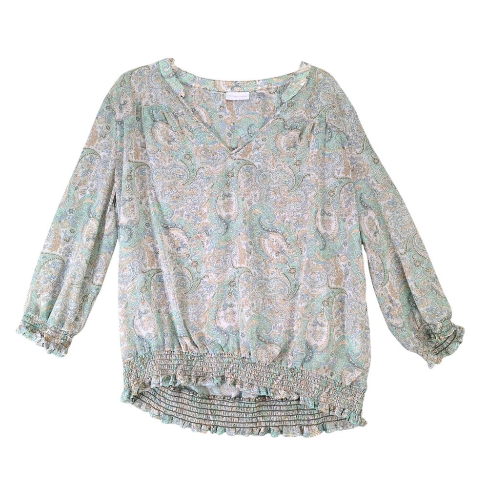 New York & Co Pastel Paisley Sheer Blouse‎ Women's XL Puff Sleeve Smocked Waist